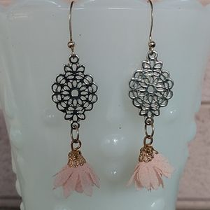 Pink Tassled Filigree Disc Earrings
